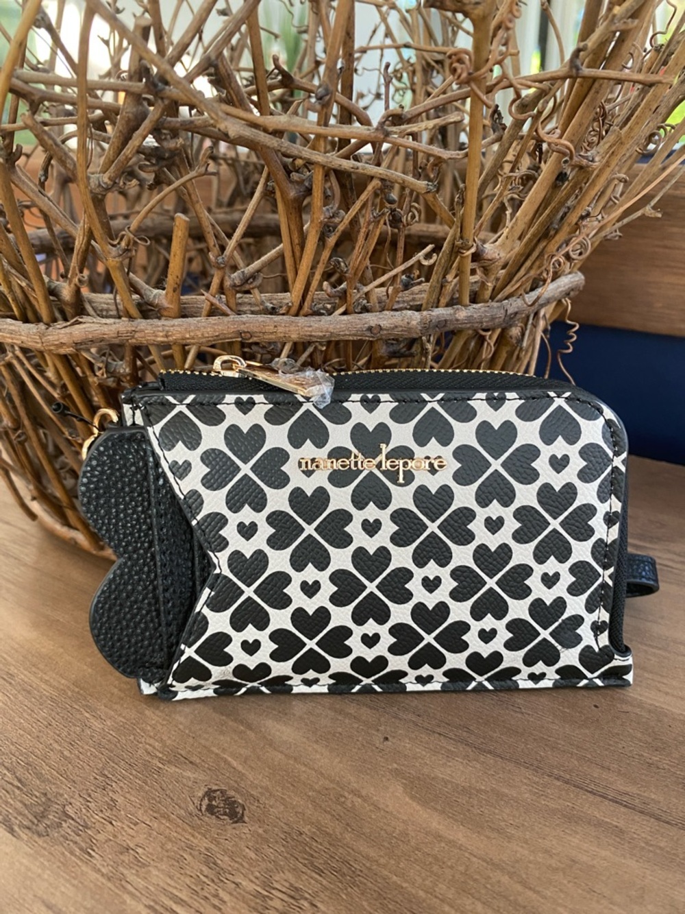 Nanette Lepore Black & White Heart Clover Zip Wristlet